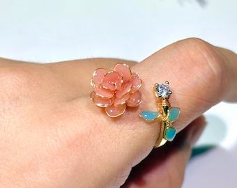 Never Withing Summer Rose-ring, handgemaakte harsbloemsieraden, sprookjesband voor haar