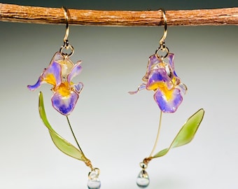 Pendientes colgantes de flor de iris, joyería botánica, regalo natural para ella.