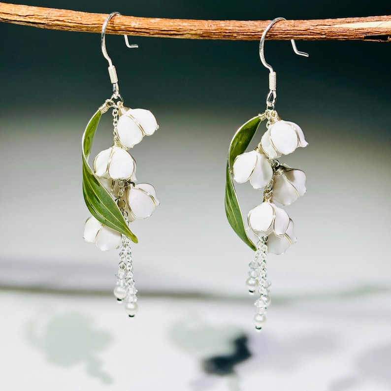 Harsoorbellen lelietje-van-dalen, sprookjeskernsieraden, pure trouwoorbellen, cadeau voor haar afbeelding 10