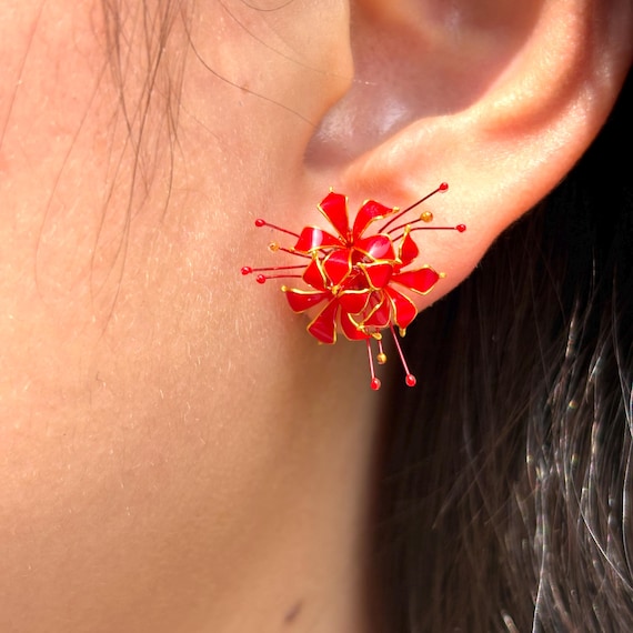 Red Spider Lily Earrings, Anime Flower Studs, Gothic Resin Jewelry, Dark Aesthetic Gift for Her
