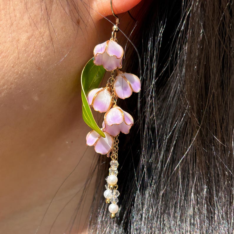 Harsoorbellen lelietje-van-dalen, sprookjeskernsieraden, pure trouwoorbellen, cadeau voor haar afbeelding 7
