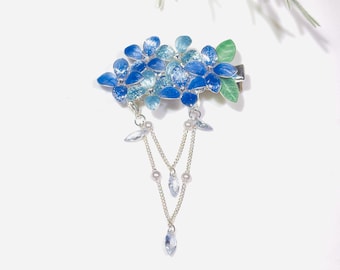 Eindeloze zomerblauwe hortensia-haarspeld, harsbloem haarspeld met kristallen kwastje, fairycore-haaraccessoire met bloemen