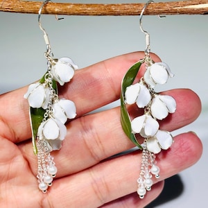 Harsoorbellen lelietje-van-dalen, sprookjeskernsieraden, pure trouwoorbellen, cadeau voor haar White-silver