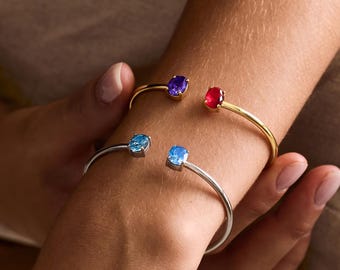 Custom Birthstone Bangle Bracelet, Oval Gemstone Cuff, Dainty Best Friend Bracelet, mother daughter bracelet, Anniversary Gift for Her