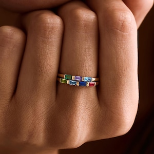 Custom Family birthstone ring - Dainty Stackable Baguette Ring, Personalized Jewelry gift for her