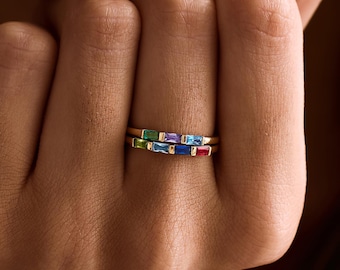 Custom Family birthstone ring - Dainty Stackable Baguette Ring, Personalized Jewelry gift for her