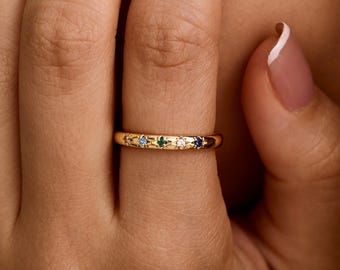Custom Birthstone Star Ring, Personalized Family Ring, Gold Plated Stackable Ring, Celestial Jewelry, Mom Gift, Anniversary Gift for her