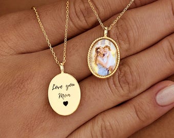 Personalized Photo Necklace, Engraved Oval Pendant, Custom Picture Necklace, Memorial Jewelry, Gift for Mom, Pet Loss Necklace