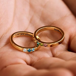 Personalized Birthstone Ring, Engraved Inner Band Ring, Dainty Stackable Ring, Jewelry Gift for Mom