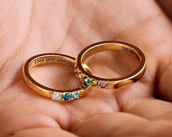 Personalisierter Birthstone Ring, Gravierter innerer Bandring, Zierlicher Ring, Schmuck Geschenk für Mama