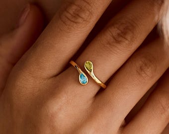 Custom Open Birthstone Ring, Minimalist Adjustable Two Stone Ring, Anniversary Gift for Her, Mother's Day Gift