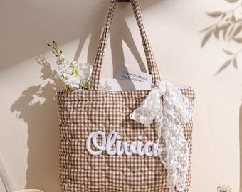 Personalized Quilted Heart Tote Bag with Lace Ribbon,Crochet Shoulder Bag,Bridesmaid Gift,Gift For Her