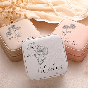 Custom Birth Flower Jewelry Box,Personalized Jewelry Box with Name,Leather Jewelry Case,Travel Jewelry Case,Bridesmaid Gift,Gift For Her
