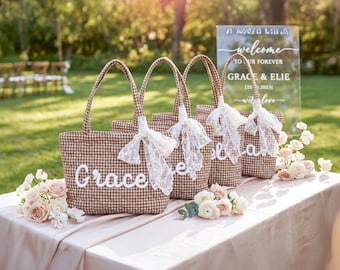 Personalized Quilted Heart Tote Bag with Lace Ribbon, Chenille Name Bridesmaid Tote Bag, Bridesmaid Gift, Gift For Her