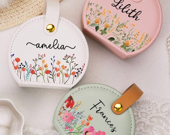 Personalized Semicircle Handle Jewelry Box, Leather Travel Case, Birth Flower Design, Bridesmaid Gift, Gift for Her