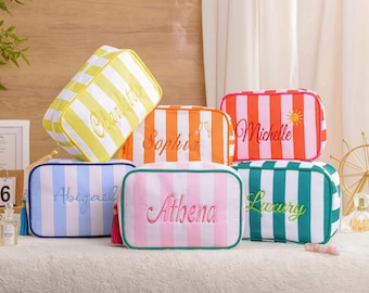 Embroidered Striped Makeup Bag, Tassel Toiletry Bag