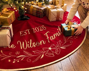 Personalized Red Christmas Tree Skirt, Embroidered Family Christmas Tree Skirts, House Warming Gift, Christmas Gift
