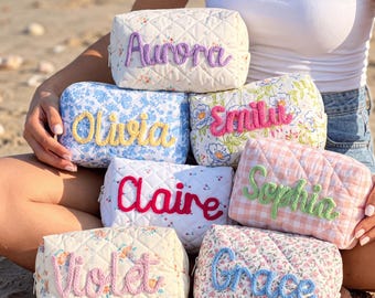 Crocheted Floral Makeup Bag, Monogram Toiletry Cosmetic Pouch