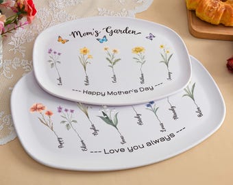 Personalized Grandma's Garden Platter,Birth Month Flower Plate, Mom's Garden Platter, Flower Platter With Grandkids Names,Gift For Mom