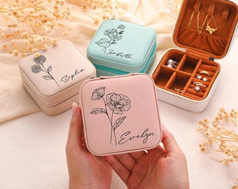 Personalized Jewelry Box with Birth Flower,Custom Name Bridesmaid Leather Jewelry Box,Wedding Party Jewelry Case,Travel Case For Best Friend