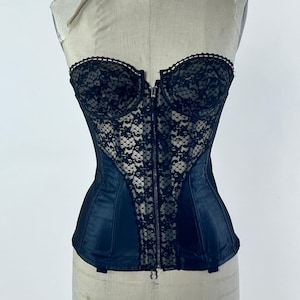 VTG Black Lace Corset Top Zip Satin Lingerie Bustier 34C