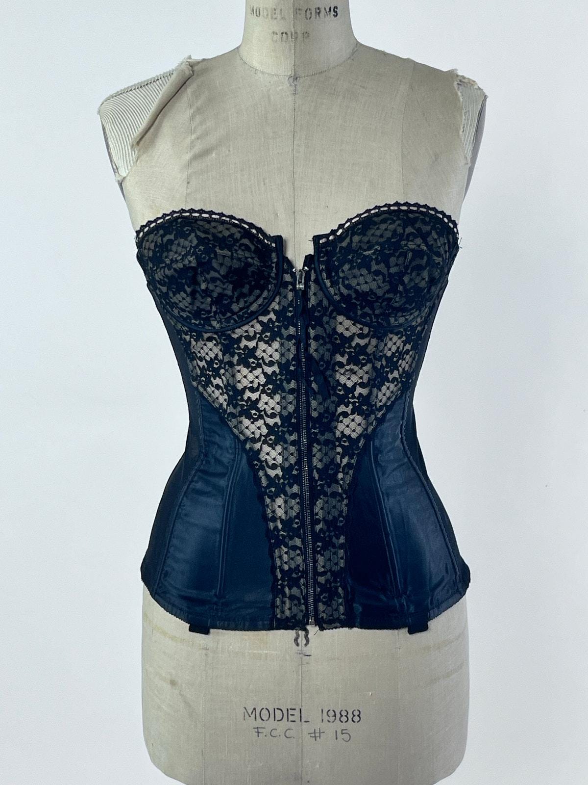VTG Black Lace Corset Top Zip Satin Lingerie Bustier 34C - Etsy