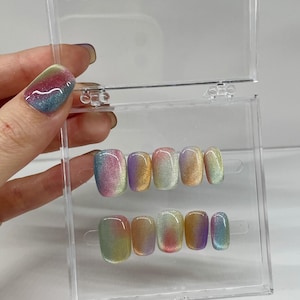 Press on Nails Short Square shaped Rainbow colored Iridescent Gradient Cat eye Craft Dreamy Y2K Style Press on Nails XHXHSTUDIO