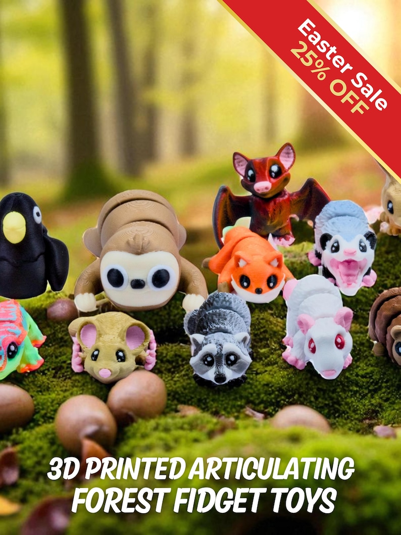 Forest Animal Fidget Toys | 3D Printed Woodland Creatures | Bear Fox Deer Mouse Opossum Snake Lizard Spider Ferret | Sensory | 16-Piece Set image 1