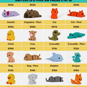 a collection of crocheted animal figurines, including a dog, cat, crocodile, cow, chicken, duck, elephant, and fox. The figurines are arranged in a grid format, with each row representing a different type of animal and each column representing a different crocheted animal. The image does not contain any text, and the crocheted animals are of various sizes and colors, creating a diverse and visually appealing display.