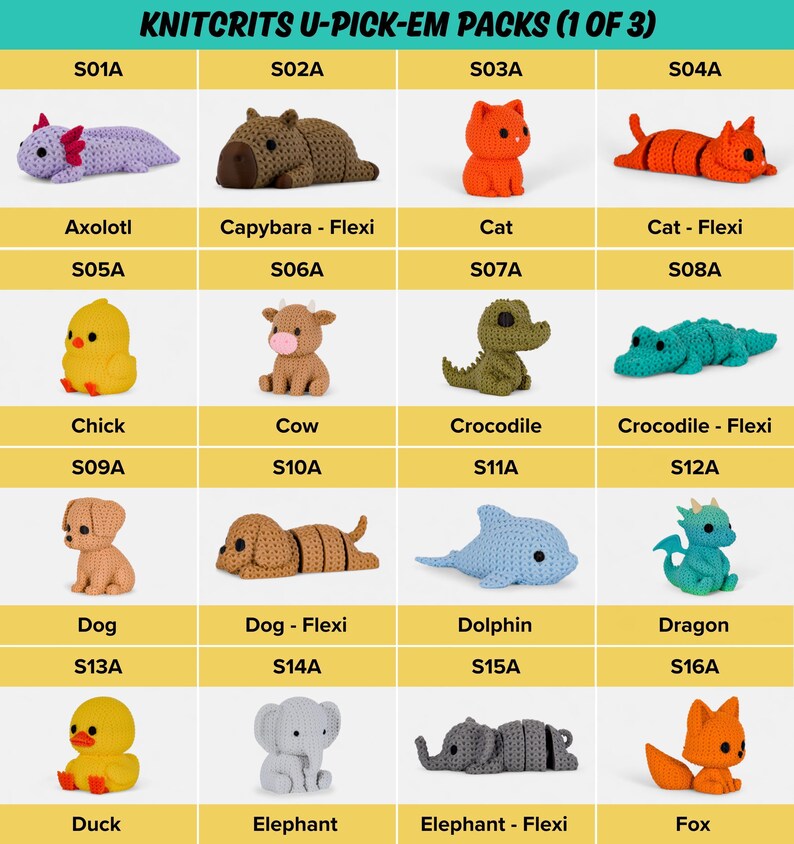 a collection of crocheted animal figurines, including a dog, cat, crocodile, cow, chicken, duck, elephant, and fox. The figurines are arranged in a grid format, with each row representing a different type of animal and each column representing a different crocheted animal. The image does not contain any text, and the crocheted animals are of various sizes and colors, creating a diverse and visually appealing display.