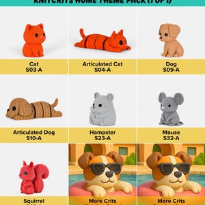 The image is a collage of nine different crocheted animal figurines, including a cat, an orange cat, a dog, a hamster, a mouse, a brown dog, a cat, a gray mouse, and a brown dog. Each figurine has a unique design and color, showcasing the variety of crocheted animals available.