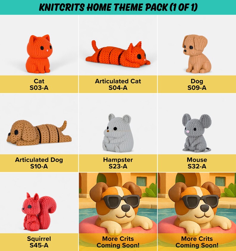The image is a collage of nine different crocheted animal figurines, including a cat, an orange cat, a dog, a hamster, a mouse, a brown dog, a cat, a gray mouse, and a brown dog. Each figurine has a unique design and color, showcasing the variety of crocheted animals available.