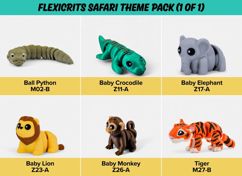 a collection of six different animal figurines, each with unique features and designs, arranged in a grid format.
