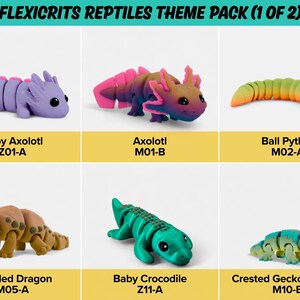 a theme pack of six reptiles, including a bearded dragon, a baby axolotl, a baby crocodile, a ball Python, a ball Python, and a crested gecko.