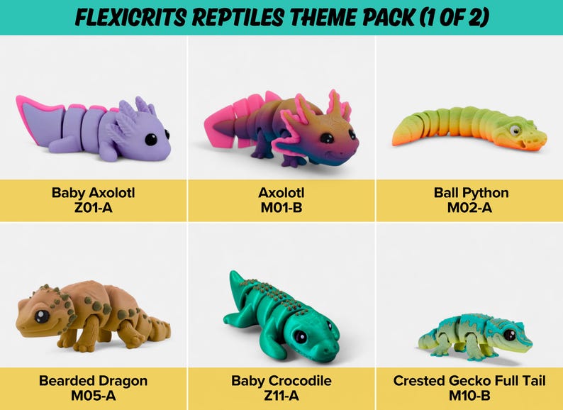 a theme pack of six reptiles, including a bearded dragon, a baby axolotl, a baby crocodile, a ball Python, a ball Python, and a crested gecko.