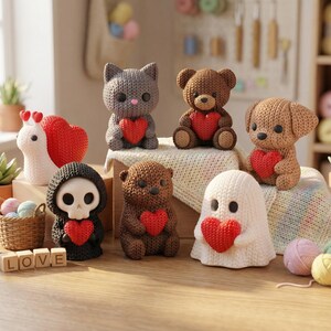 May include: A collection of handmade knitted figurines, including a cat, bear, dog, ghost, and grim reaper, each holding a red heart. The word "LOVE" is spelled out with wooden blocks. Various yarn balls and potted plants are also present.