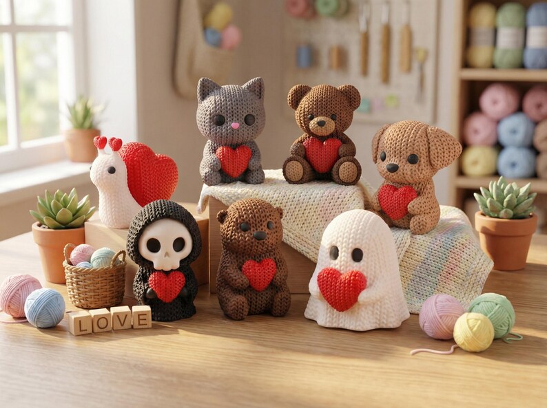 May include: A collection of handmade knitted figurines, including a cat, bear, dog, ghost, and grim reaper, each holding a red heart. The word "LOVE" is spelled out with wooden blocks. Various yarn balls and potted plants are also present.