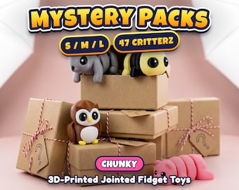 May include: A collection of 3D-printed jointed fidget toys featuring small animal figures including an owl, a gray creature, a yellow and black bee, and a pink segmented worm, packaged in brown cardboard gift boxes with red and white twine.
