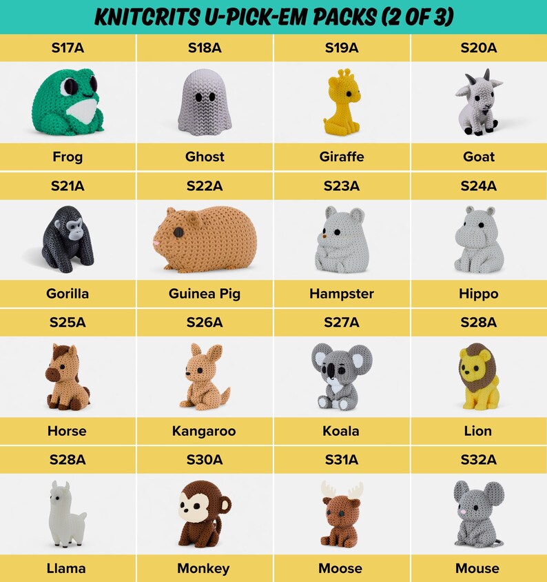 a collection of crocheted animal figurines, including a frog, ghost, giraffe, goat, gorilla, guinea pig, hamster, hippo, kangaroo, koala, lion, horse, kangaroo, koala, llama, monkey, and moose.