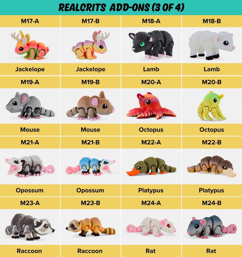 a collection of toy animals, including a jaguar, jackalope, lamb, mouse, octopus, opossum, platypus, and a raccoon, along with their corresponding toy names.