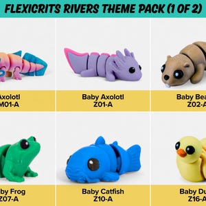 a theme pack of six different animal figurines, including a frog, a catfish, a beaver, a frog, a catfish, and a duck.