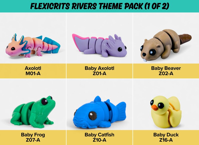 a theme pack of six different animal figurines, including a frog, a catfish, a beaver, a frog, a catfish, and a duck.
