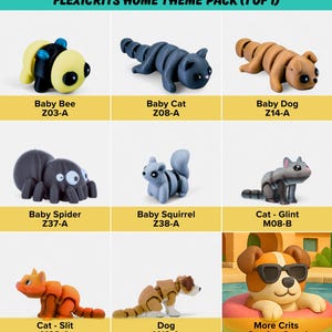 a collection of nine different animal-themed toys, including a baby bee, a baby cat, a baby dog, a zebra, a sloth, a baby squirrel, a cat, a glint, and a dog.