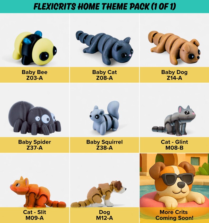 a collection of nine different animal-themed toys, including a baby bee, a baby cat, a baby dog, a zebra, a sloth, a baby squirrel, a cat, a glint, and a dog.