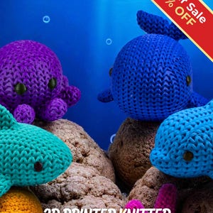 Juguetes antiestrés oceánicos / Animales marinos con textura de punto impresos en 3D / Tiburón, delfín, ballena y pulpo / Juego sensorial / Juego de 4 piezas imagen 1