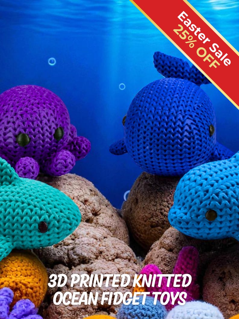 Juguetes antiestrés oceánicos / Animales marinos con textura de punto impresos en 3D / Tiburón, delfín, ballena y pulpo / Juego sensorial / Juego de 4 piezas imagen 1