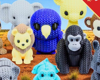Safari Animal Fidget Toys | 3D Printed Knit-Texture Lion Elephants Croc Giraffe Hippo Rhino Monkey Gorilla | African Animals | 12-Piece Set