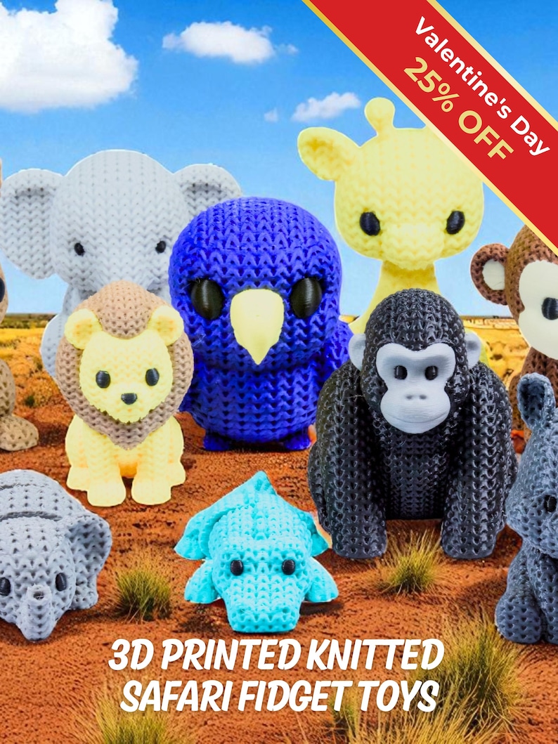 Safari Animal Fidget Toys | 3D Printed Knit-Texture Lion Elephants Croc Giraffe Hippo Rhino Monkey Gorilla | African Animals | 12-Piece Set image 1