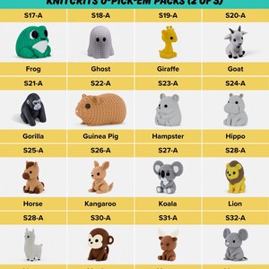 a collection of crochet animal figurines, including a frog, ghost, giraffe, goat, gorilla, guinea pig, hamster, hippo, kangaroo, koala, lion, horse, kangaroo, koala, llama, monkey, and moose.