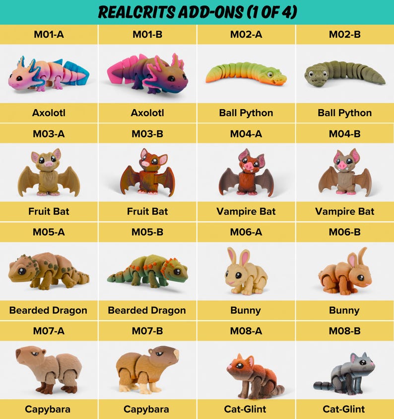 a collection of toy figurines and animals, including bats, fruit bats, vampiric bats, and other creatures, arranged in a grid format.